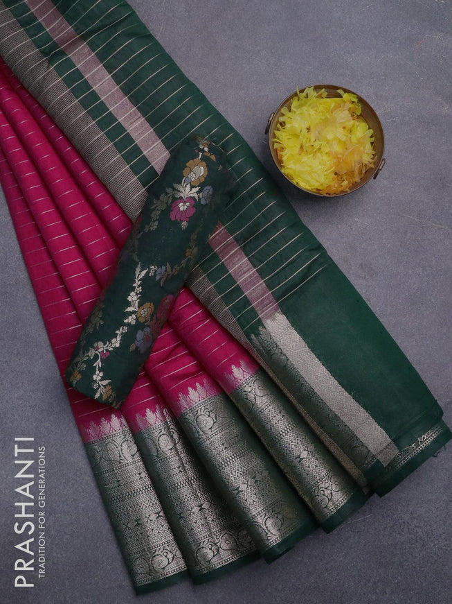 Semi dupion saree dark pink and bottle green with allover zari stripes pattern and long zari woven border & meenakari blouse