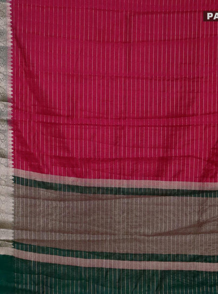 Semi dupion saree dark pink and bottle green with allover zari stripes pattern and long zari woven border & meenakari blouse