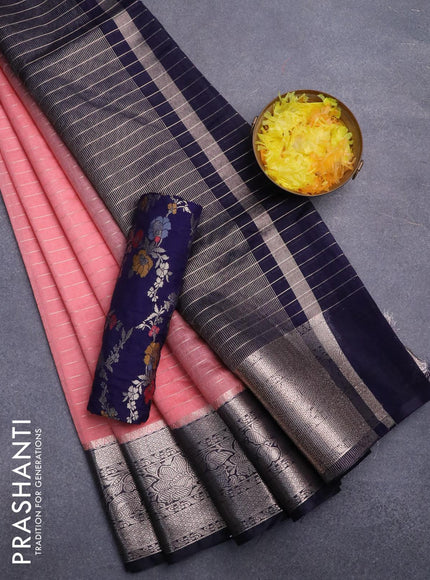 Semi dupion saree peach shade and dark navy blue with allover zari stripes pattern and long zari woven border & meenakari blouse