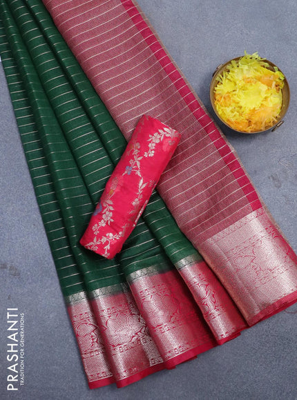 Semi dupion saree bottle green and dark pink with allover zari stripes pattern and long zari woven border & meenakari blouse