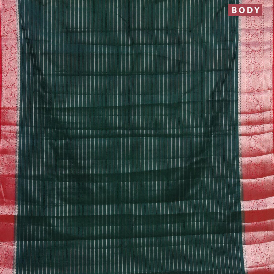 Semi dupion saree bottle green and red with allover zari stripes pattern and long zari woven border & meenakari blouse