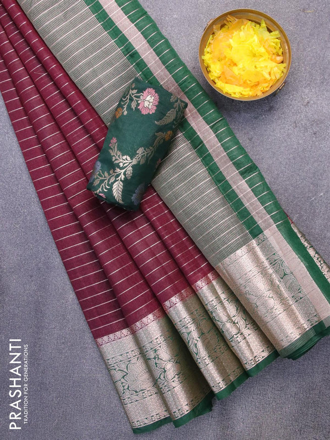 Semi dupion saree wine shade and bottle green with allover zari stripes pattern and long zari woven border & meenakari blouse