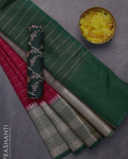 Semi dupion saree red and dark green with allover zari stripes pattern and long zari woven border & meenakari blouse