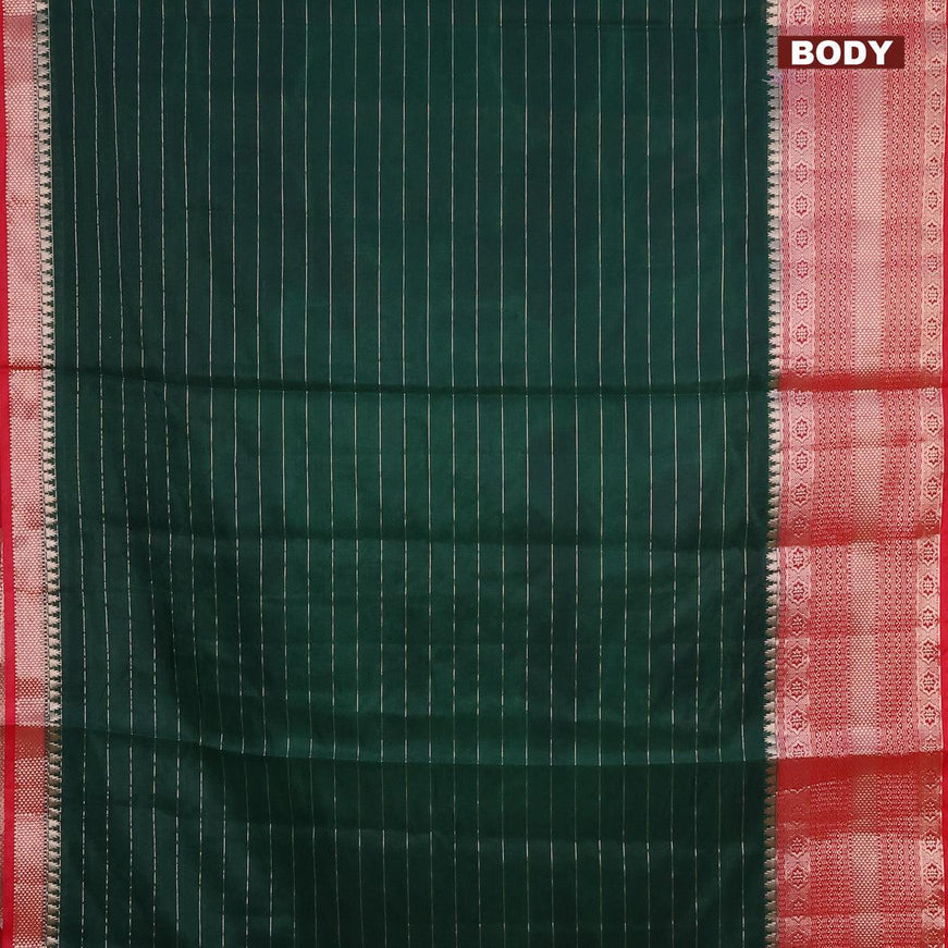 Semi dupion saree dark green and pink with allover zari stripes pattern and long zari woven border & meenakari blouse