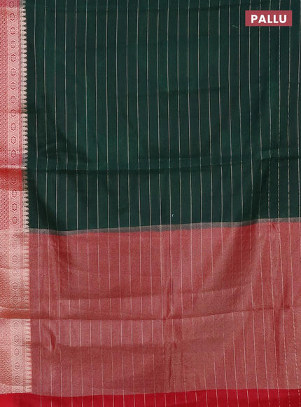 Semi dupion saree dark green and pink with allover zari stripes pattern and long zari woven border & meenakari blouse