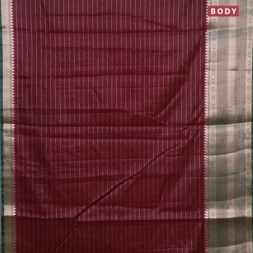 Semi dupion saree deep maroon and dark green with allover zari stripes pattern and long zari woven border & meenakari blouse