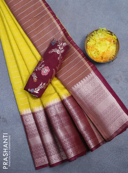 Semi dupion saree yellow and deep maroon with allover zari stripes pattern and long zari woven border & meenakari blouse