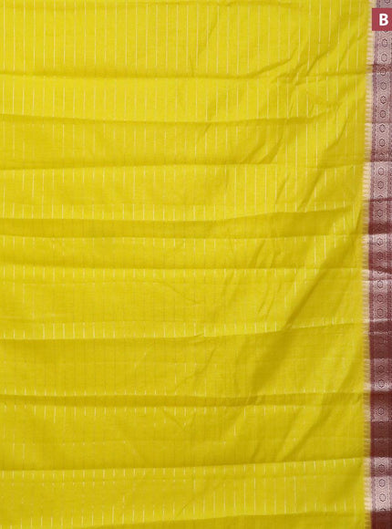 Semi dupion saree yellow and deep maroon with allover zari stripes pattern and long zari woven border & meenakari blouse