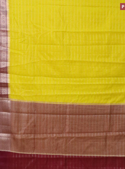 Semi dupion saree yellow and deep maroon with allover zari stripes pattern and long zari woven border & meenakari blouse