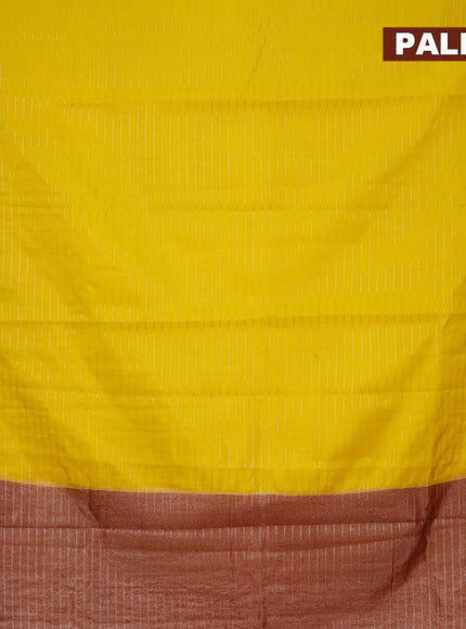 Semi dupion saree yellow and dark maroon with allover zari stripes pattern and zari woven border & meenakari blouse