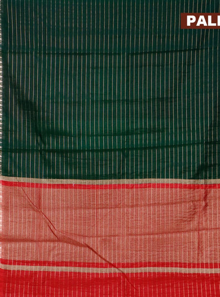 Semi dupion saree dark green and tomato red with allover zari stripes pattern and temple zari woven border & meenakari blouse