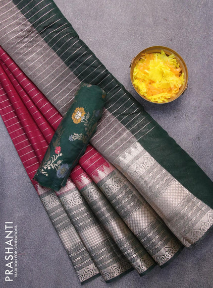 Semi dupion saree deep maroon and bottle green with allover zari stripes pattern and long zari woven border & meenakari blouse