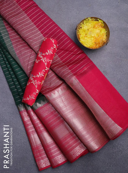 Semi dupion saree dark green and pink with allover zari stripes pattern and long zari woven border & meenakari blouse