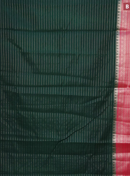 Semi dupion saree dark green and pink with allover zari stripes pattern and long zari woven border & meenakari blouse