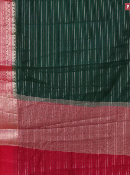 Semi dupion saree dark green and pink with allover zari stripes pattern and long zari woven border & meenakari blouse