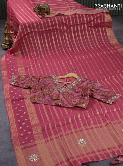 Organza silk saree mauve pink with allover zari stripes pattern and embroidery work butta border & embroidery work readymade blouse