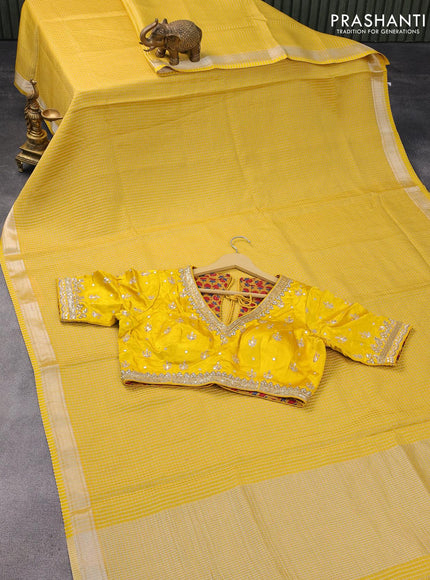 Georgette silk saree yellow with allover zari checked pattern and zari woven border & embroidery work readymade blouse