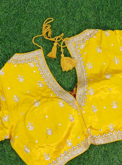 Georgette silk saree yellow with allover zari checked pattern and zari woven border & embroidery work readymade blouse