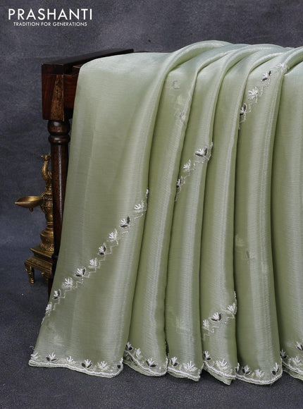 Satin silk saree pastel green with allover baeded work and embroidery work border & embroidery work readymade blouse