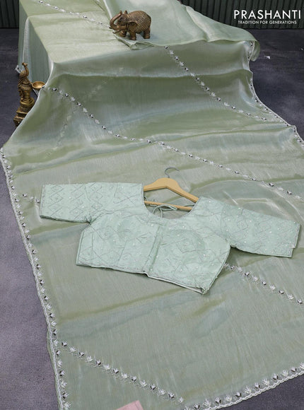 Satin silk saree pastel green with allover baeded work and embroidery work border & embroidery work readymade blouse