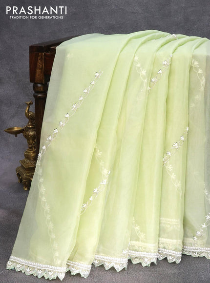 Organza silk saree pista green with allover beaded work and zardosi work border & embroidery work readymade blouse