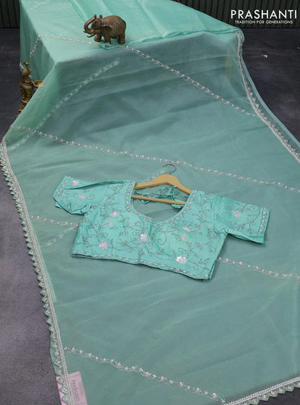 Organza silk saree teal green shade with allover beaded work and zardosi work border & embroidery work readymade blouse