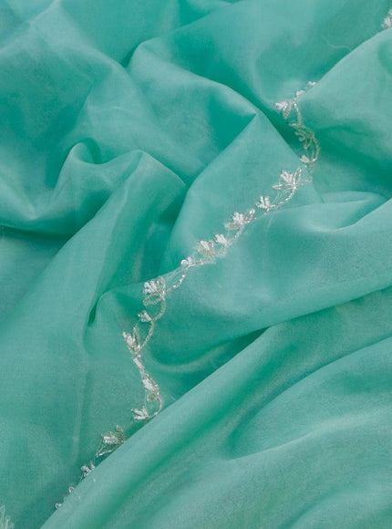 Organza silk saree teal green shade with allover beaded work and zardosi work border & embroidery work readymade blouse