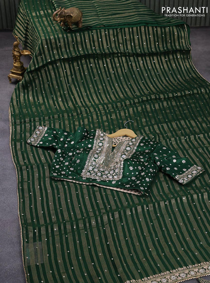 Organza silk saree green with allover zari woven stripes pattern & mirror work and gottapatti lace work border & embroidery work readymade blouse