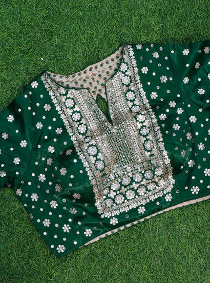 Organza silk saree green with allover zari woven stripes pattern & mirror work and gottapatti lace work border & embroidery work readymade blouse