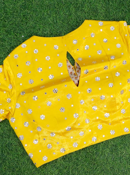 Organza silk saree mango yellow with allover zari woven stripes pattern & mirror work and gottapatti lace work border & embroidery work readymade blouse