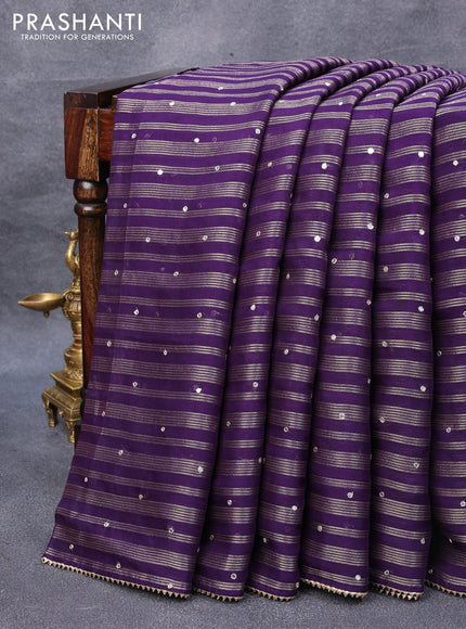 Organza silk saree violet with allover zari woven stripes pattern & mirror work and gottapatti lace work border & embroidery work readymade blouse