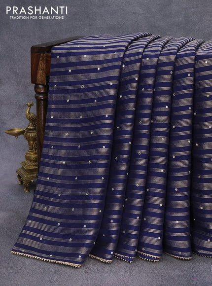 Organza silk saree dark blue with allover zari woven stripes pattern & mirror work and gottapatti lace work border & embroidery work readymade blouse