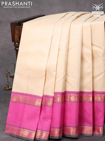 Pure kanjivaram silk saree cream and pink with plain body and rettapet zari woven border & plain body