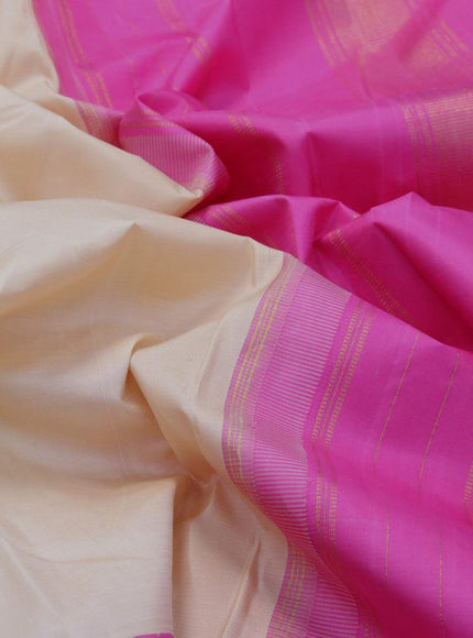 Pure kanjivaram silk saree cream and pink with plain body and rettapet zari woven border & plain body