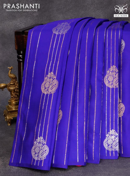 Pure kanjivaram silk saree blue and pink with allover silver & gold zari weaves in borderless style & borderless style