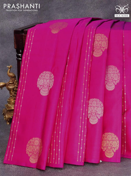 Pure kanjivaram silk saree pink and navy blue with allover silver & gold zari weaves in borderless style & borderless style