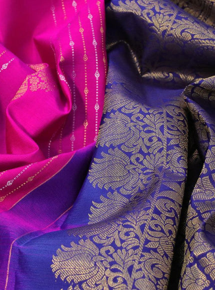 Pure kanjivaram silk saree pink and navy blue with allover silver & gold zari weaves in borderless style & borderless style