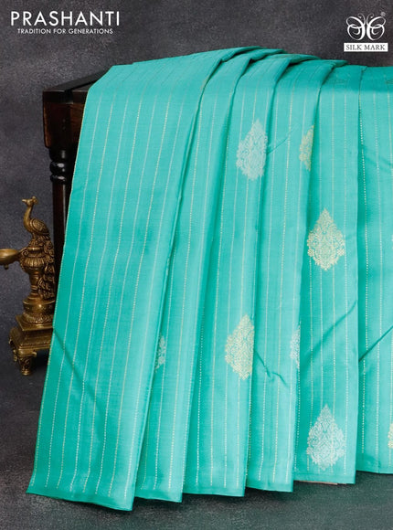 Pure kanjivaram silk saree teal blue and pastel brown with allover silver & gold zari weaves in borderless style & borderless style