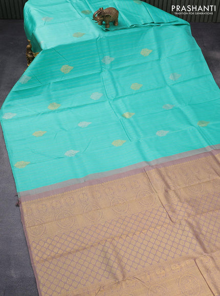 Pure kanjivaram silk saree teal blue and pastel brown with allover silver & gold zari weaves in borderless style & borderless style