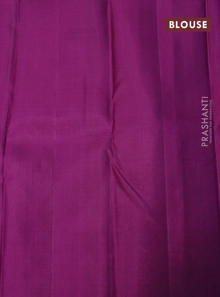 Pure kanjivaram silk saree teal blue and deep purple with silver zari woven buttas in borderless style & borderless style