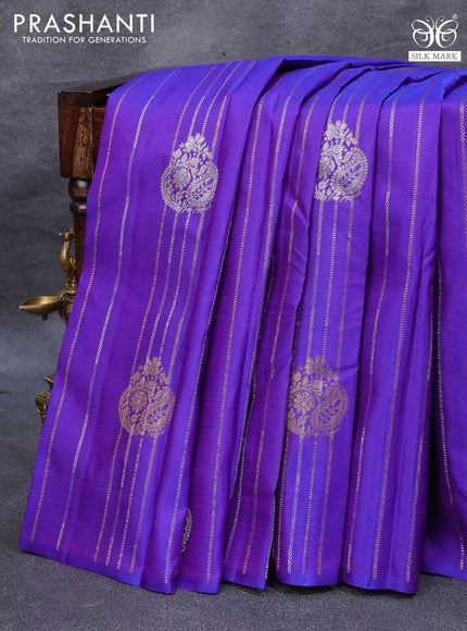 Pure kanjivaram silk saree blue and pink with allover silver & gold zari weaves in borderless style & borderless style