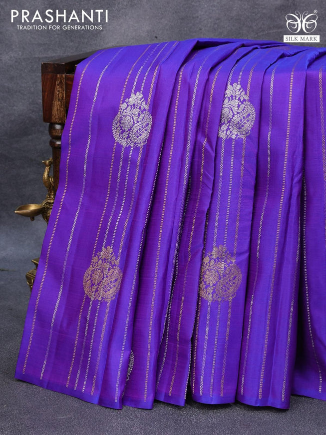 Pure kanjivaram silk saree blue and pink with allover silver & gold zari weaves in borderless style & borderless style