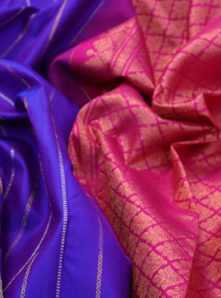 Pure kanjivaram silk saree blue and pink with allover silver & gold zari weaves in borderless style & borderless style