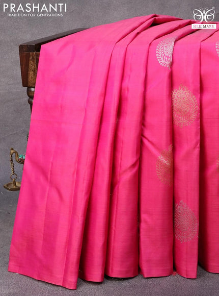 Pure kanjivaram silk saree pink and blue with allover silver & gold zari weaves in borderless style & borderless style