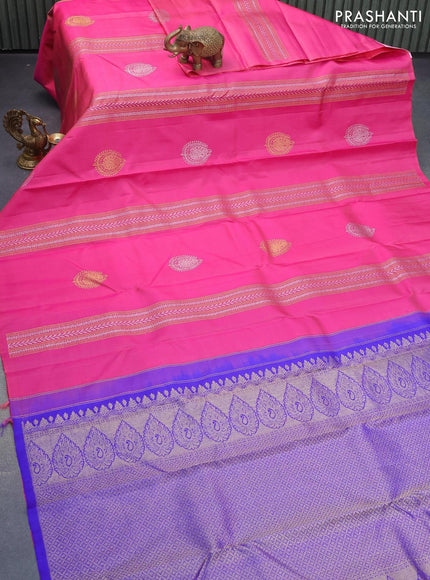 Pure kanjivaram silk saree pink and blue with allover silver & gold zari weaves in borderless style & borderless style