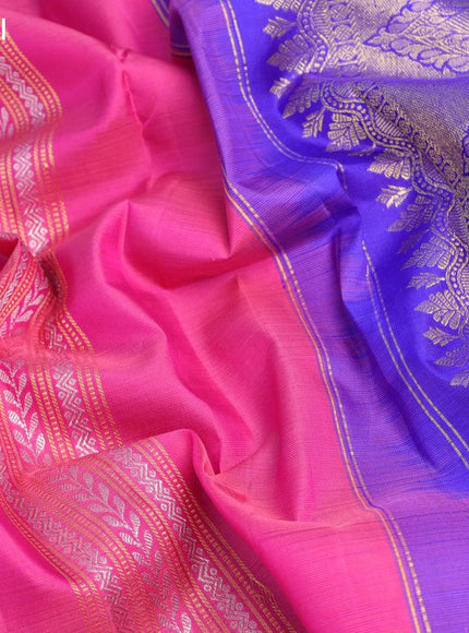 Pure kanjivaram silk saree pink and blue with allover silver & gold zari weaves in borderless style & borderless style