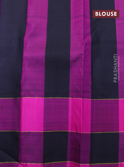 Pure kanjivaram silk saree teal blue and multi colour with plain body and temple design zari woven butta border &