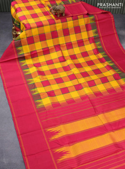 Pure kanjivaram silk saree multi colour and maroon with allover paalum pazhamum checkes and temple design rettapet border & checkes