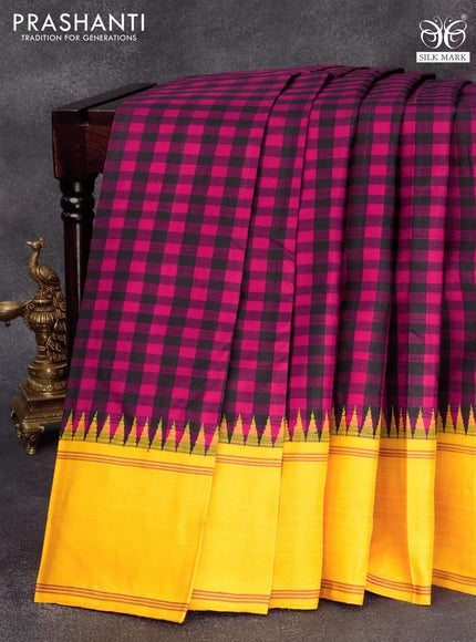 Pure kanjivaram silk saree dark pink black and mango yellow with allover paalum pazhamum checkes and temple design rettapet zari woven border & checkes