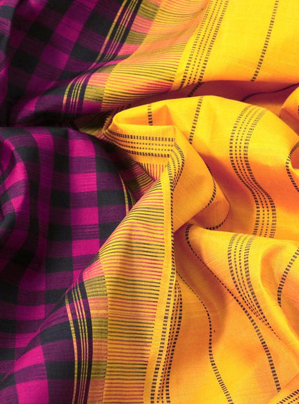 Pure kanjivaram silk saree dark pink black and mango yellow with allover paalum pazhamum checkes and temple design rettapet zari woven border & checkes